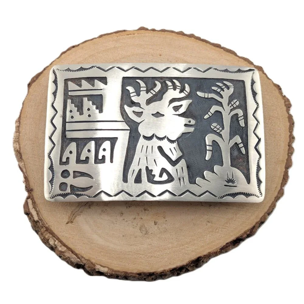 Native American Sterling Silver Belt Buckle Overlay Design Collectible Jewelry**